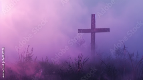 Religious background with wooden cross and purple fog created with Generative AI