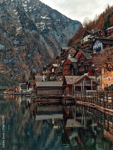 town in the mountains at lake