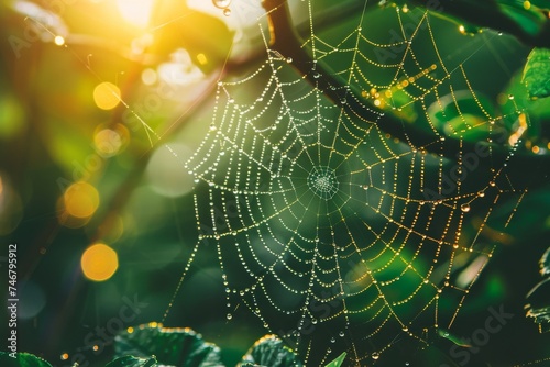 A dew-kissed spiderweb amidst green leaves illuminated by soft morning sunlight.