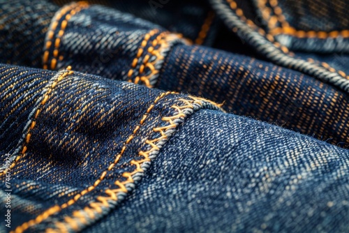 Detailed stitching and texture of blue denim jeans in a close-up view.