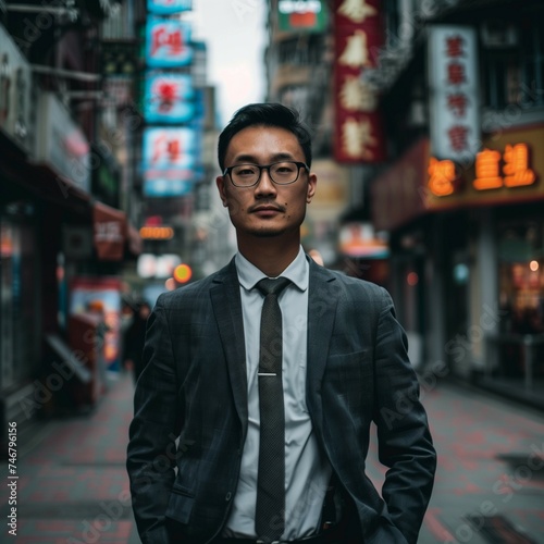 Asian businessman standing on a city street in suit and tie.