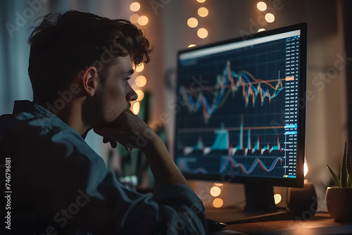 Analyzing Financial Data on Computer Screen in Cozy Evening Atmosphere © Maksym