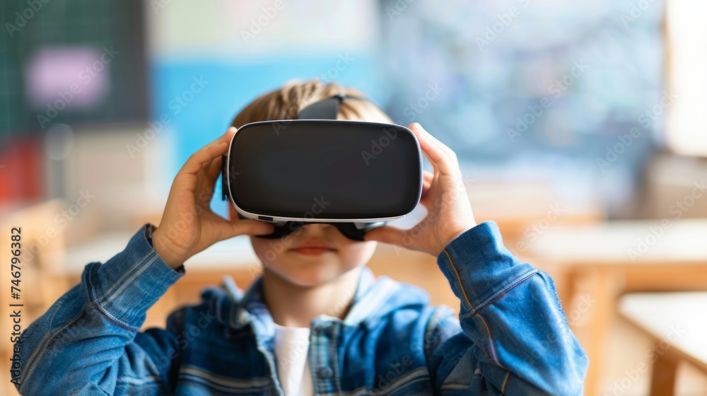 Boy Exploring Virtual Reality Technology in Modern Classroom Generative AI Boy Exploring Virtual Reality Technology in Modern Classroom Generative AI