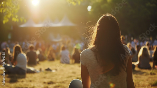 Jovem sentada na grama e assistindo a um concerto no parque photo