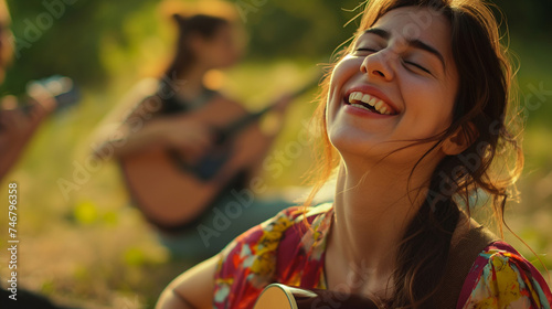 Linda garota hippie com guitarra no parque em um dia ensolarado photo