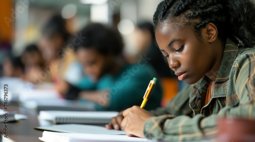 Aluna afro-americana escrevendo em um caderno enquanto está sentada à mesa na biblioteca
