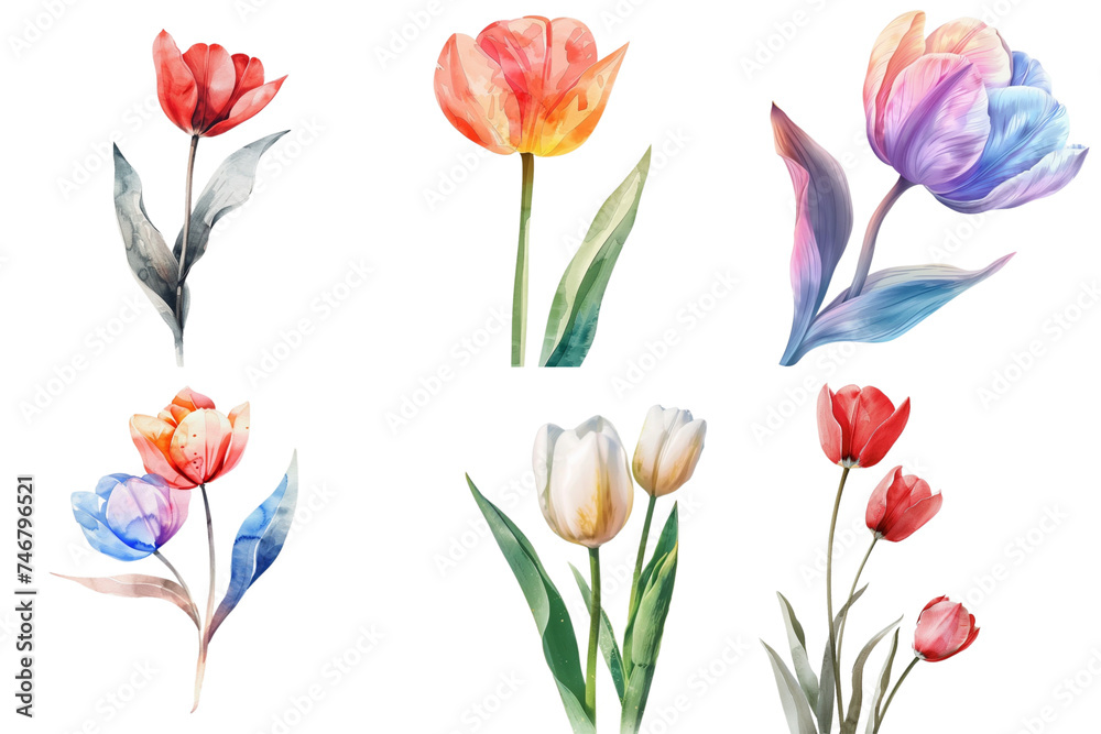 Set of tulip in watercolor mockup in 3d without backoground png for decoration. Set of tulip in watercolor mockup in 3d without backoground png for decoration.