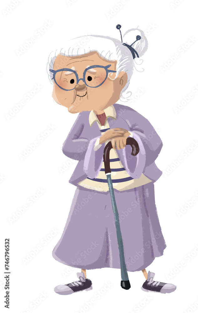 Illustration of modern grandmother with walking stick Illustration of modern grandmother with walking stick