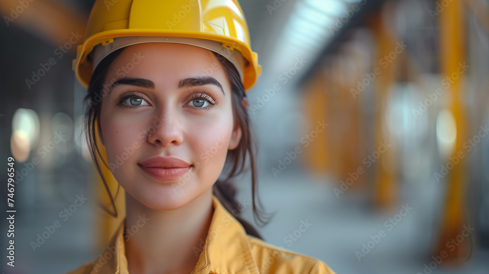 Young Female Engineer in Yellow Helmet, Visionary Industrial Leader Young Female Engineer in Yellow Helmet, Visionary Industrial Leader