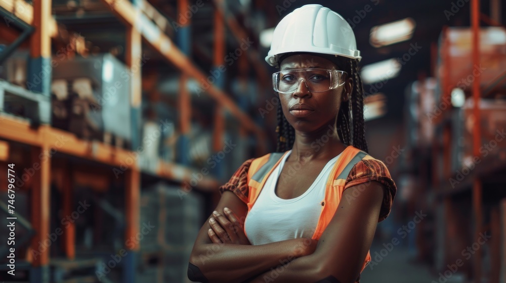 African American Woman Worker in Warehouse - Safety Helmet Portrait Generative AI African American Woman Worker in Warehouse - Safety Helmet Portrait Generative AI