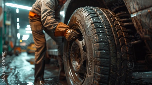 Expert Tire Mechanic Inspecting Worn-out Tires at Car Wash Generative AI © Alex