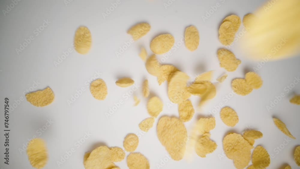 Corn Flakes, Slowly Fall Down on a White Background. Dry Nutritious Breakfast. Corn Flakes, Slowly Fall Down on a White Background. Dry Nutritious Breakfast.