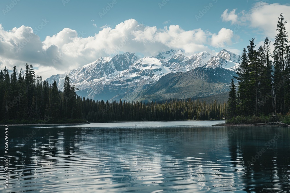 Naklejka premium Lake Surrounded by Trees With Mountain in Background