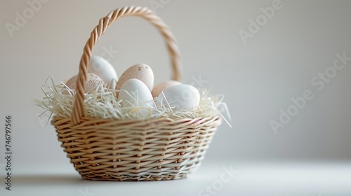 A clean  white background adorned with a single  intricately designed Easter basket filled with eggs