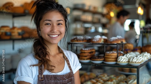 A female baker and entrepreneur, the owner of a startup small business, is pi...