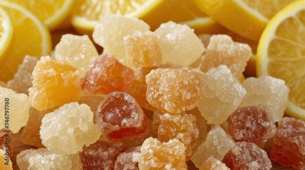 a pile of gummy bears sitting on top of a table next to lemons and a slice of lemon. a pile of gummy bears sitting on top of a table next to lemons and a slice of lemon.
