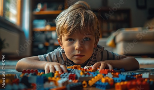 little boy playing with blocks in the living room