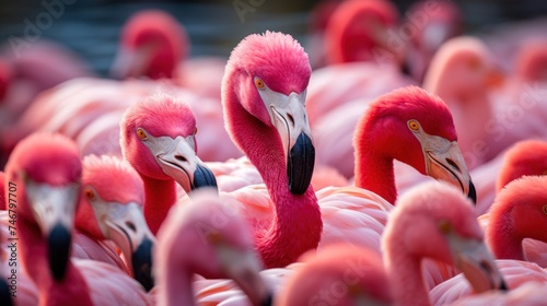 Many pink flamingos close up