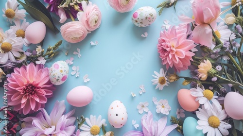 A vibrant Easter scene with blooming flowers, painted eggs, and a central tex...
