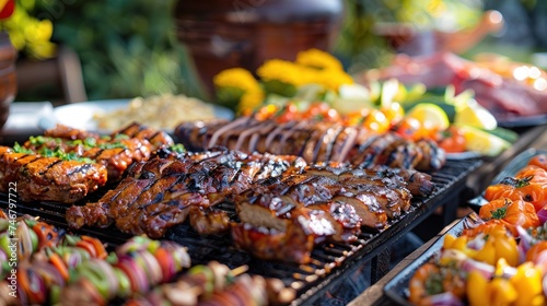 A colorful barbecue spread with an assortment of grilled meats, vegetables, and side dishes