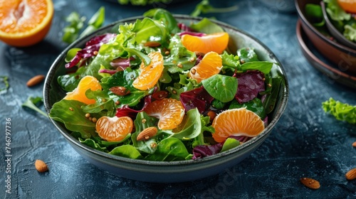 A vibrant salad with mixed greens, mandarin oranges, almonds, and a citrus vi...