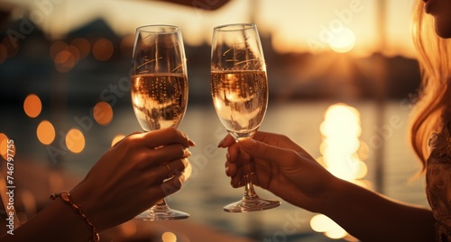 two women toasting champagne glasses on a boat