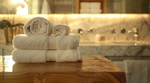 a bathroom with wooden countertop, towels on top