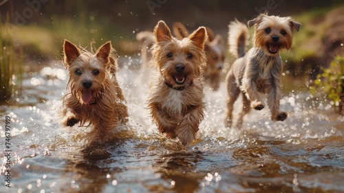 four dogs and cats running in the grass on an outdoor pond