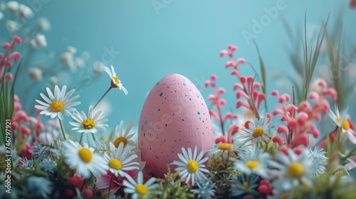 A delightful Easter egg display against a backdrop of blooming spring flowers