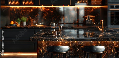 black kitchen with marble counter top and stools