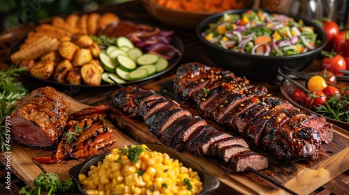 A colorful barbecue spread with an assortment of grilled meats, vegetables, and side dishes