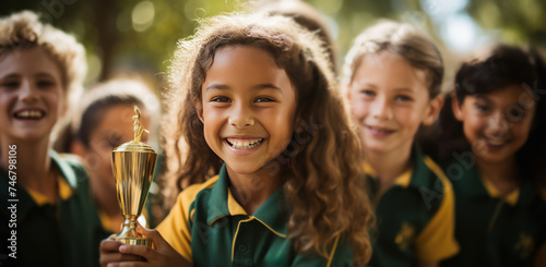 some young girls standing around and holding a trophy