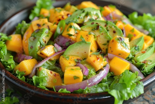 A refreshing salad with mixed greens, mango, avocado, red onion, and a cilantro-lime dressing