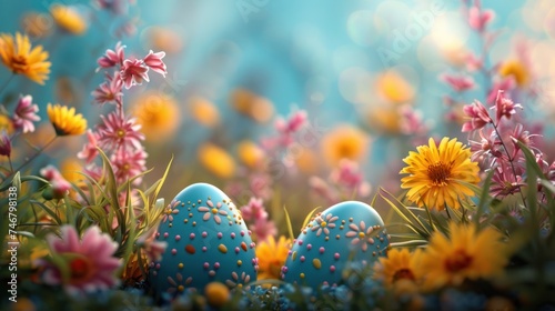 A delightful Easter egg display against a backdrop of blooming spring flowers