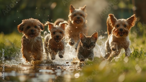 four dogs and cats running in the grass on an outdoor pond