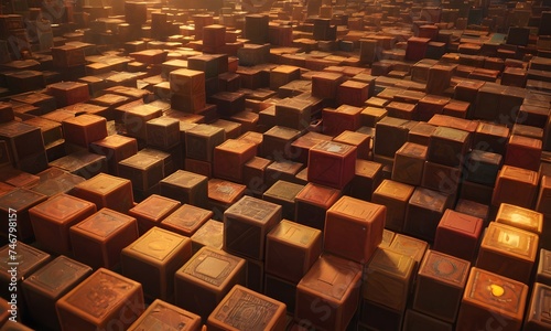 The golden sunset casts a warm glow over a vast field of raised cubes, creating a stunning landscape of shadows and light. The scene blurs the lines between reality and digital art. AI Generative © video rost