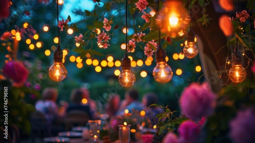 A garden party with fairy lights, flowers, and guests enjoying the summer evening