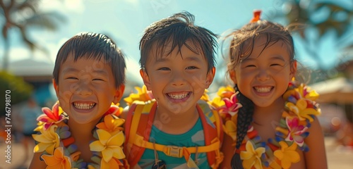 three young children with bright colorful backpacks smiling in the sun