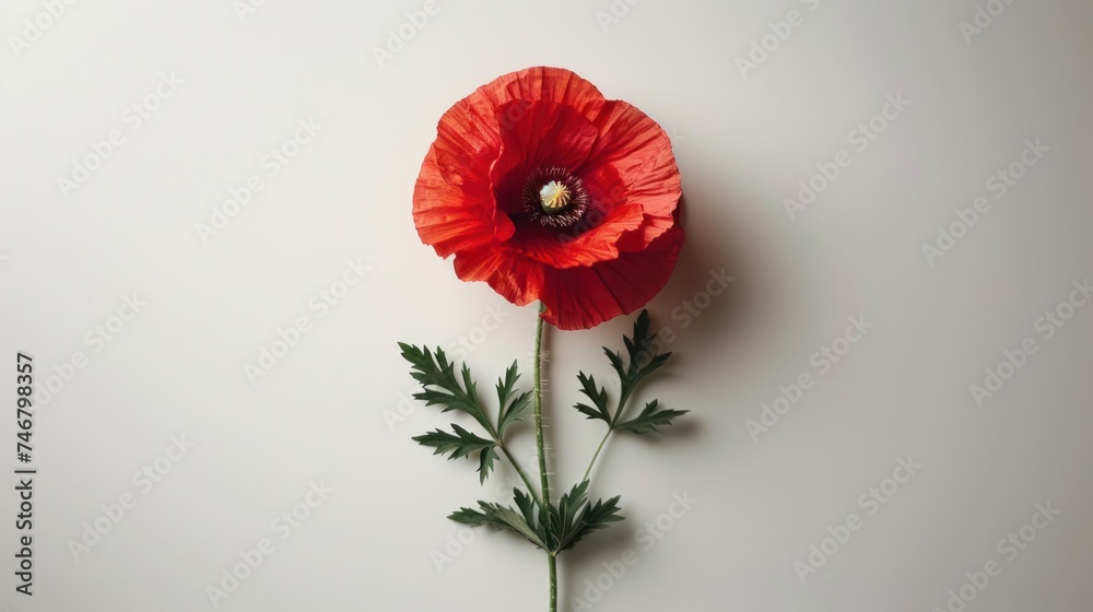 A clean, white background with a single poppy in the center, symbolizing remembrance - obrazy, fototapety, plakaty 