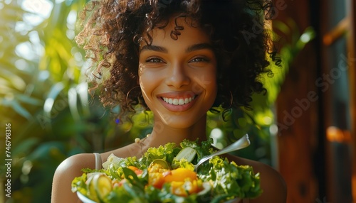 beauty smiling while eating a bowl of salad