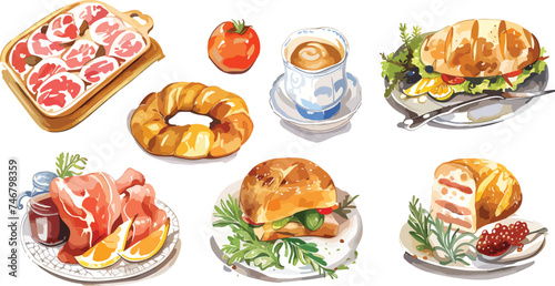 Set of Breakfast food doodle in watercolor style vector illustration on white background. It can be used for card, postcard, cover, invitation, mothers day card, birthday card, menu