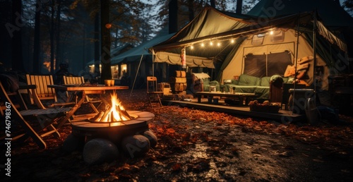 camping furniture by a fire in the woods and tent