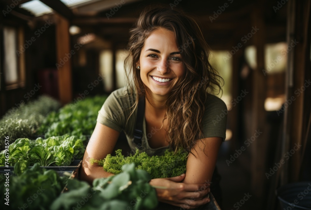 young professional female farmer at the greenhouse collecting fresh herbs