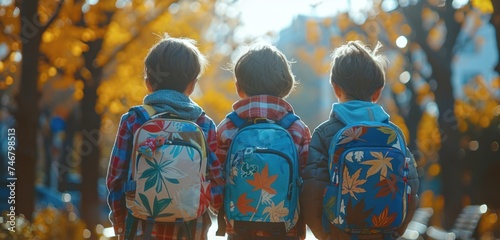 three children standing near a park with backpacks