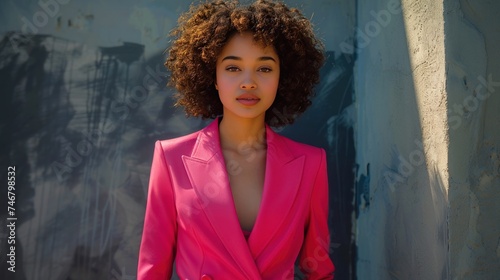 A stylish professional in a modern pink pantsuit poses confidently, her demea...