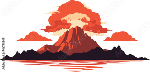 Volcano eruption smoke lava. Mountain landscape red sky. Catastrophic natural disaster eruption event vector illustration