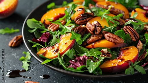A vibrant salad with mixed greens  grilled peaches  pecans  and a honey balsamic dressing