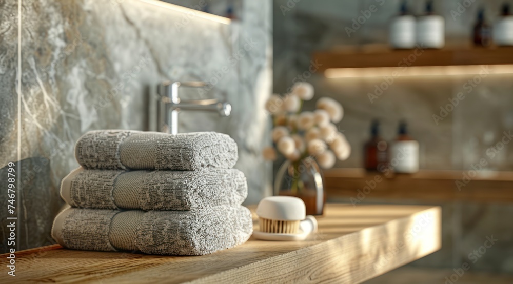 a bathroom with wooden countertop, towels on top a bathroom with wooden countertop, towels on top
