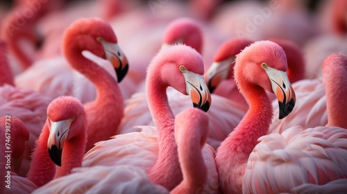 Many pink flamingos close up