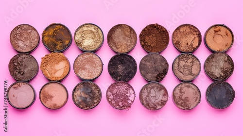 a close up of a number of different colored eyeshades in different shapes and sizes on a pink background.